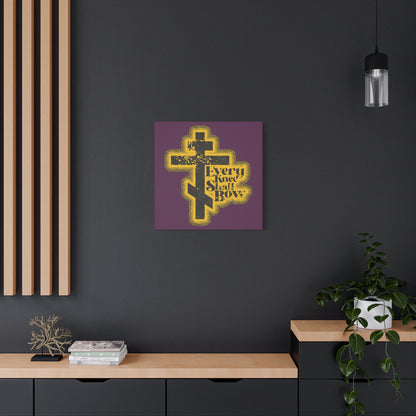 A modern interior displays the "Every Knee Shall Bow" 70s Distressed Comic Book Christian Wall Art above a dark counter with plants, referencing Philippians 2:10-11 and Isaiah 45:23.
