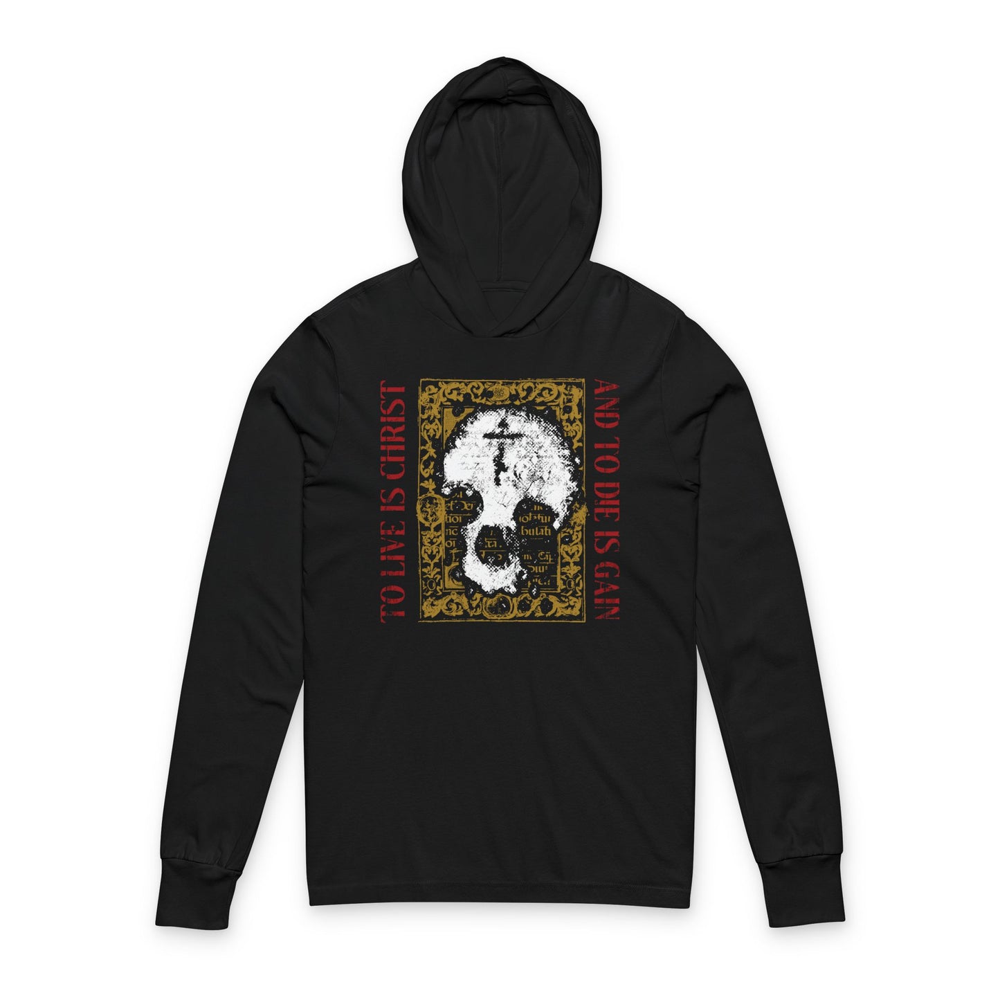To Live is Christ, to Die is Gain (Philippians 1:21) | Skull with Cross on Gold Manuscript Texture | Orthodox Long Sleeve Hooded Shirt