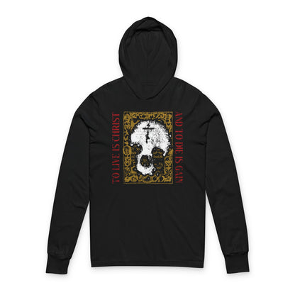 To Live is Christ, to Die is Gain (Philippians 1:21) | Skull with Cross on Gold Manuscript Texture | Orthodox Long Sleeve Hooded Shirt