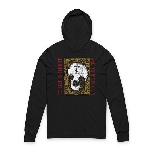 To Live is Christ, to Die is Gain (Philippians 1:21) | Skull with Cross on Gold Manuscript Texture | Orthodox Long Sleeve Hooded Shirt