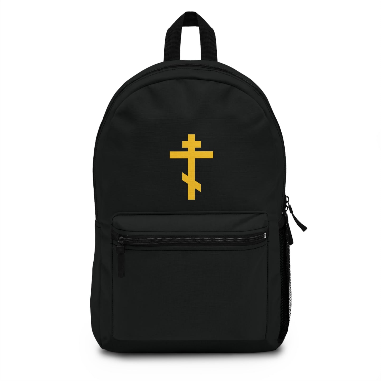 Orthodox Christian backpack featuring a yellow Orthodox cross on black, symbolizing the precious, life-giving weapon of unseen warfare and scourge of demons.