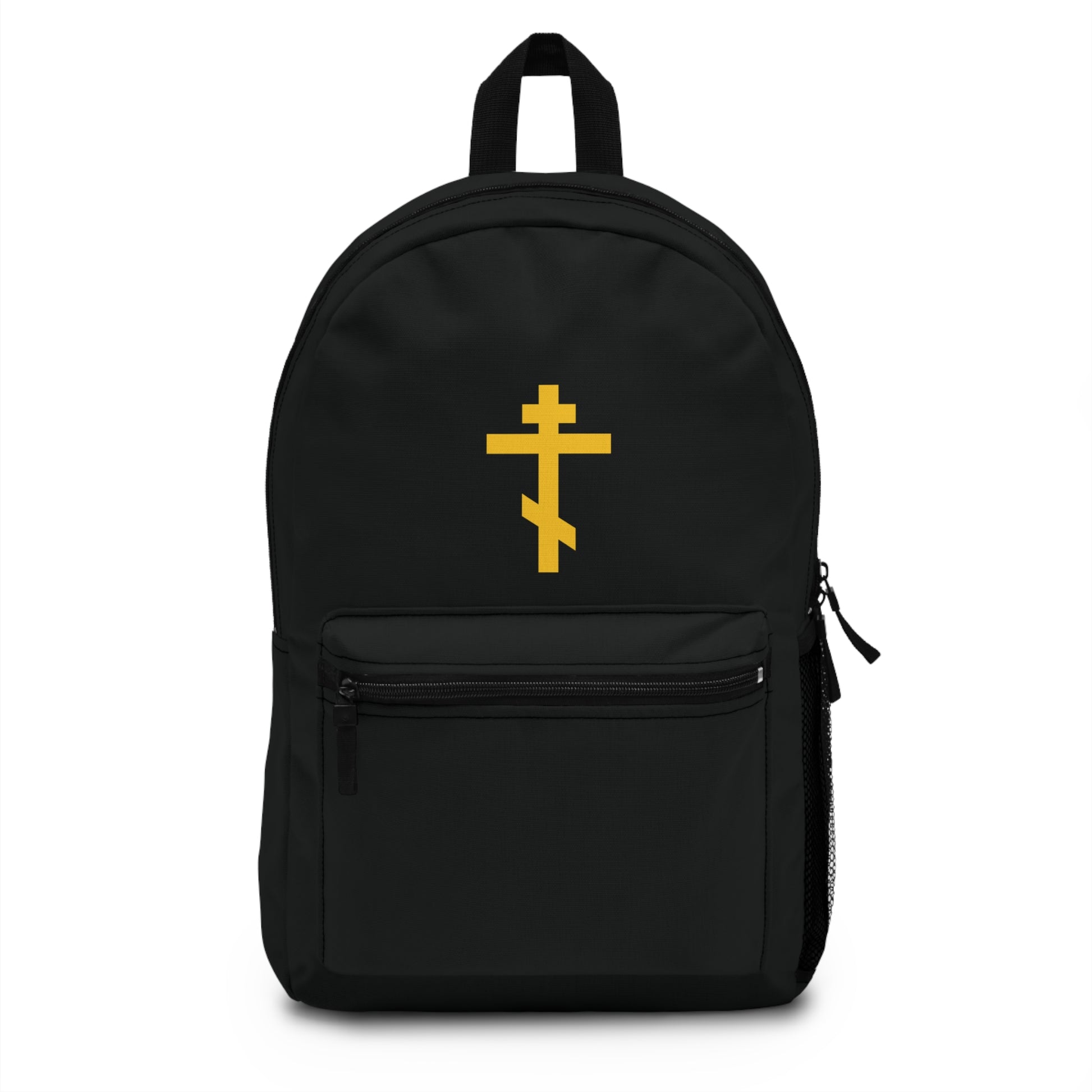 Orthodox Christian backpack featuring a yellow Orthodox cross on black, symbolizing the precious, life-giving weapon of unseen warfare and scourge of demons.