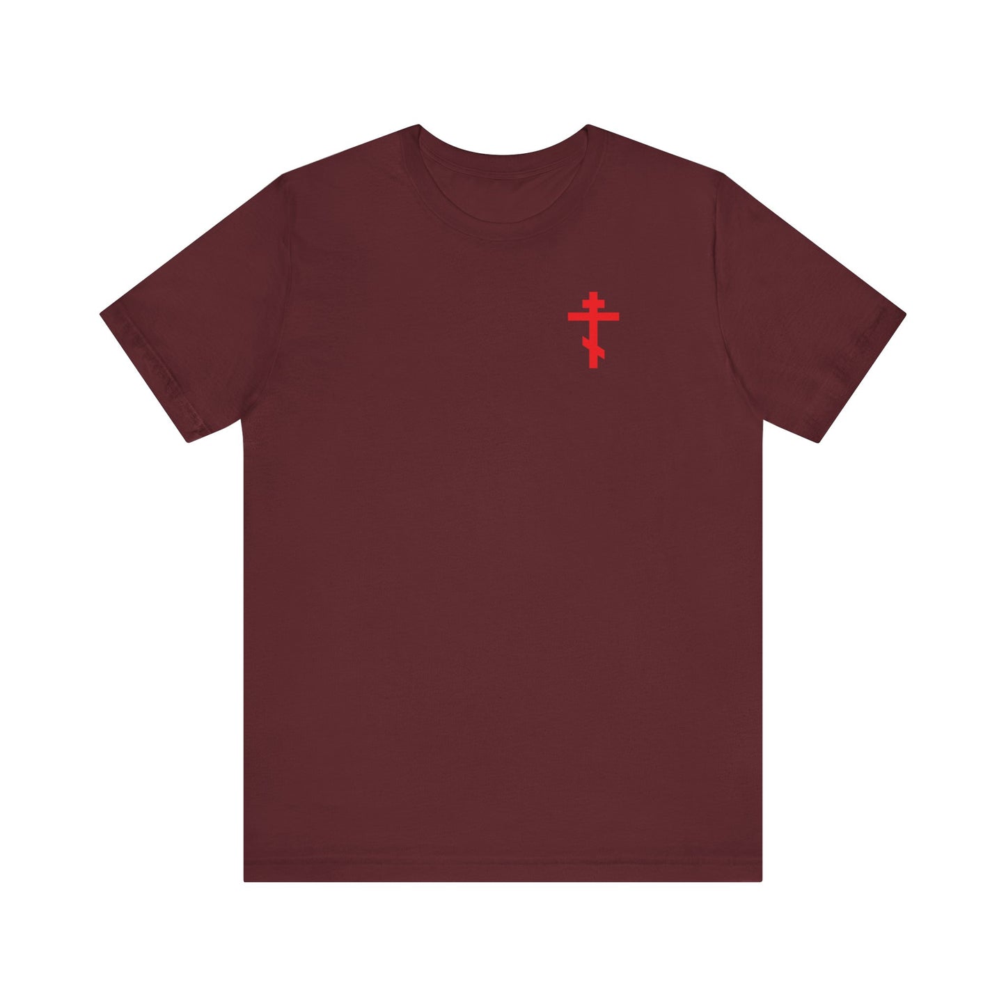 ICXC NIKA Red Orthodox Cross BACK w/ Red Cross on Front Left Breast lightweight cotton unisex t-shirt in maroon, featuring a small red cross on the left chest and displayed on a white background; available for custom order.