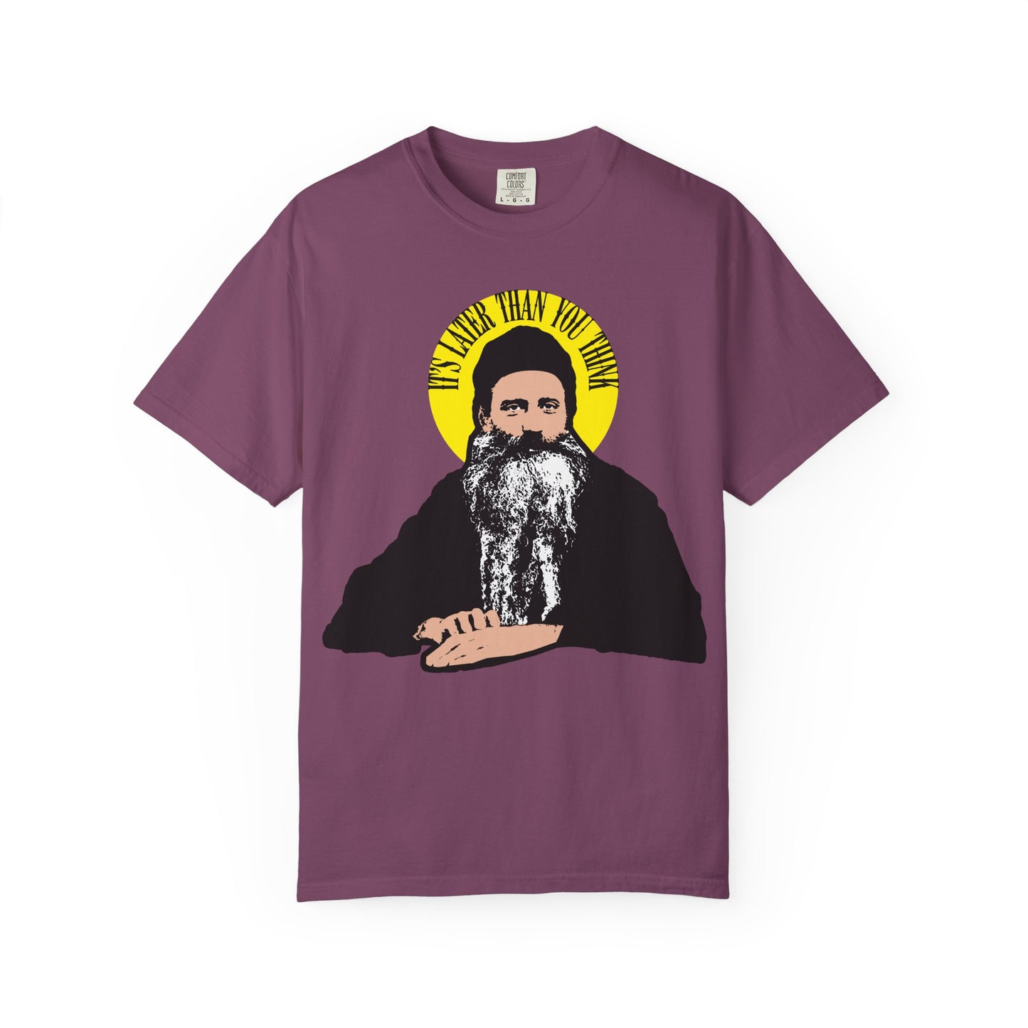 Berry t-shirt with Fr Seraphim Rose's quote "It's Later Than You Think" in a yellow halo, honoring a modern American Orthodox saint. Heavyweight cotton unisex tee.