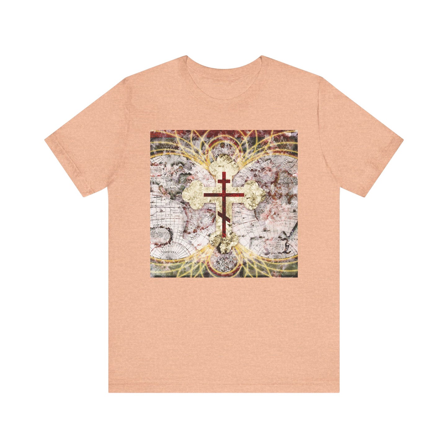 Heather peach unisex tee featuring a red Orthodox Cross over an antique map with glowing magnetic lines, inspired by "Conqueror of Death" and Revelation 1:18. Lightweight cotton—perfect for Orthodox Christian style.