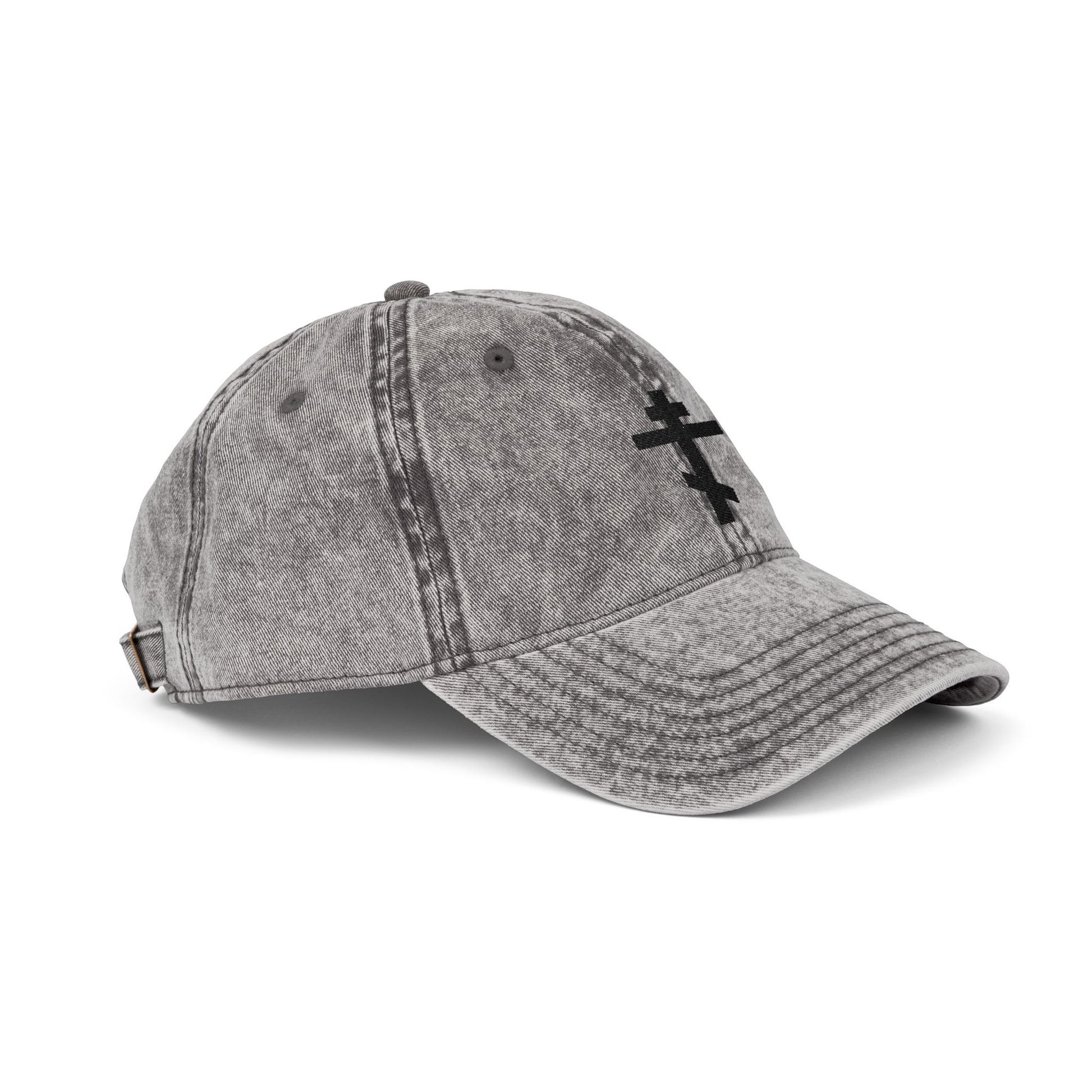 Simple Black Orthodox TriBar Cross cap—minimalist distressed design with "Crucify My Ego to the Precious and Life Giving Cross" embroidered, inspired by faith and reflection.