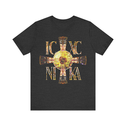 ICXC NIKA Celtic Style Equal Armed Cross | Bright Solar Texture | Orthodox Christian T-Shirt