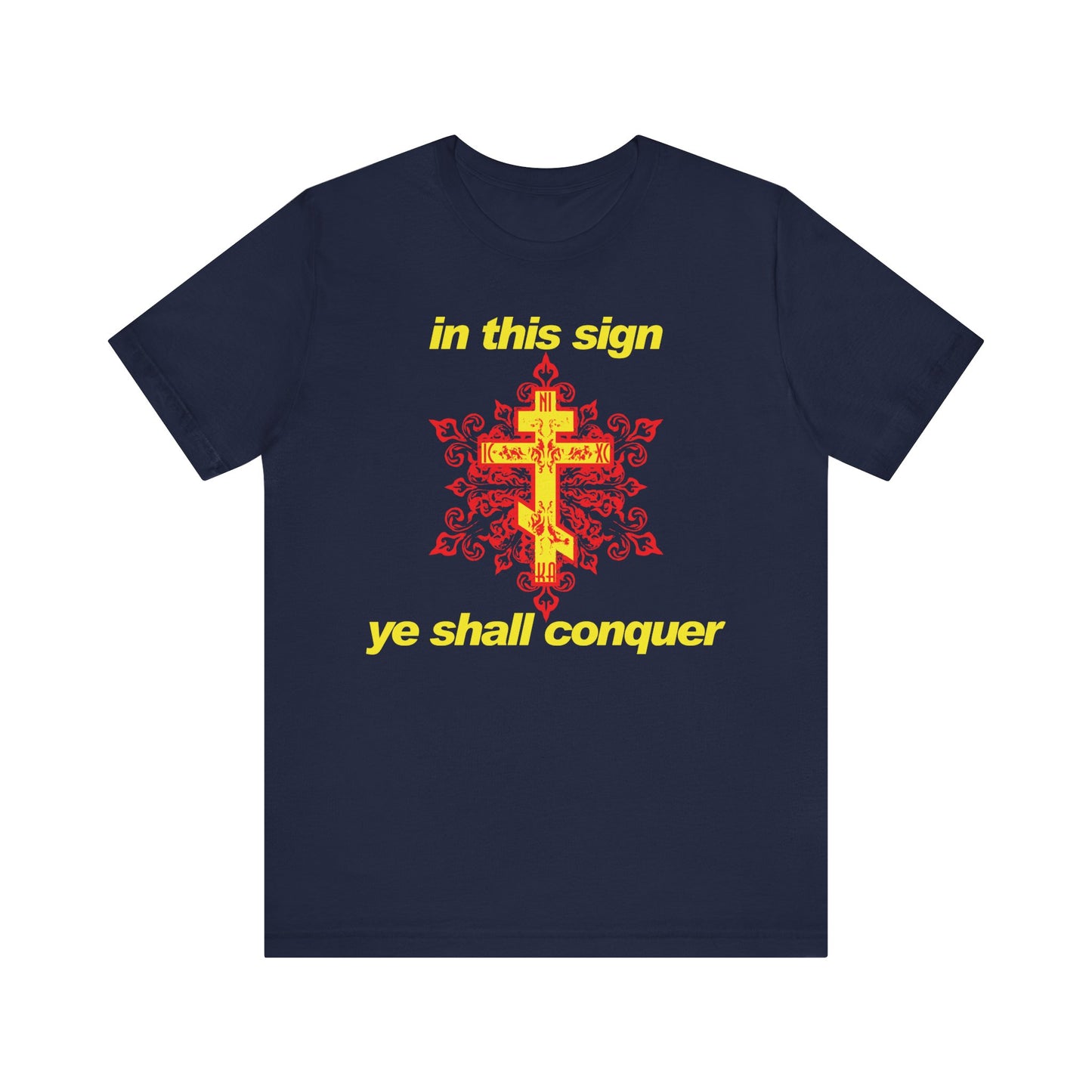 Navy "In This Sign Ye Shall Conquer" Orthodox Christian lightweight cotton unisex t-shirt, featuring a modern red and yellow design and typography—drawing inspiration from St. Isaiah the Solitary's teachings on prayer against temptation.
