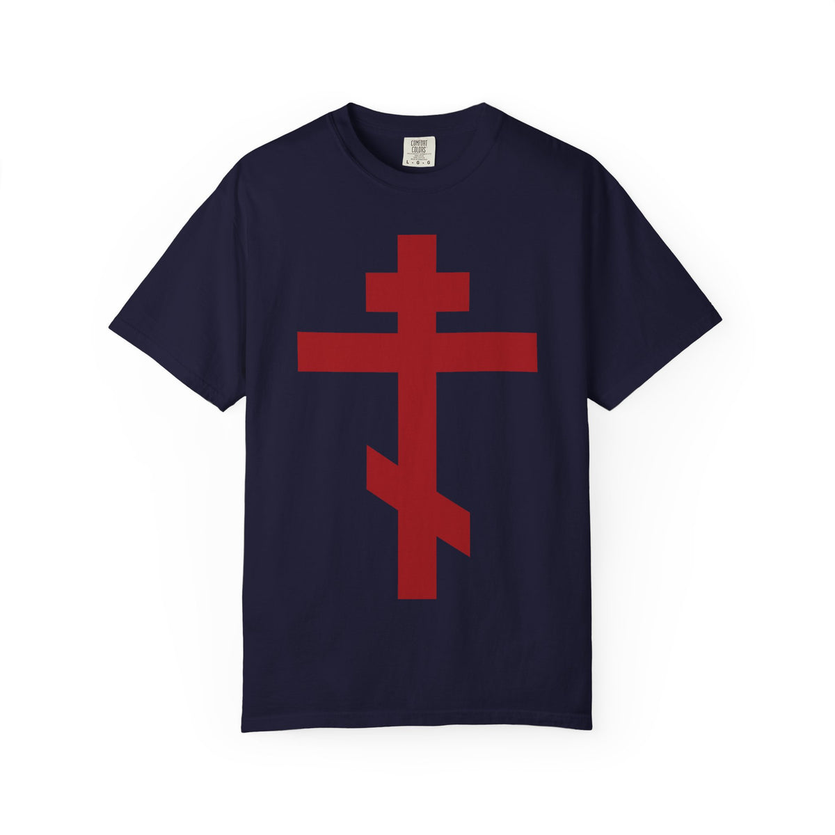 Red Orthodox Cross navy blue t-shirt featuring a large red cross on the chest.