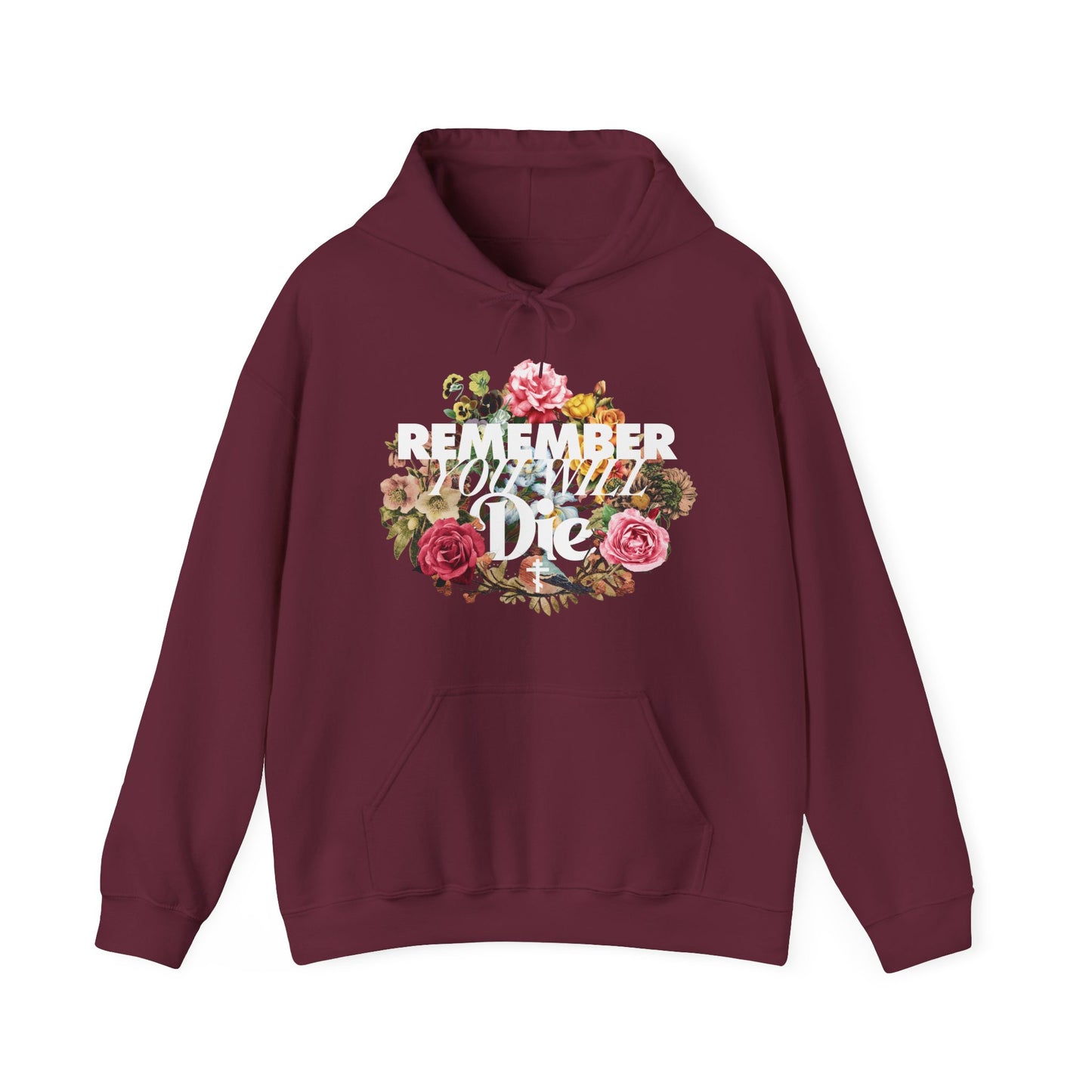 Remember You Will Die | Cross | Classic Typography & Floral Wreath Design (FRONT PRINT) | Memento Mori | Orthodox Christian Hoodie