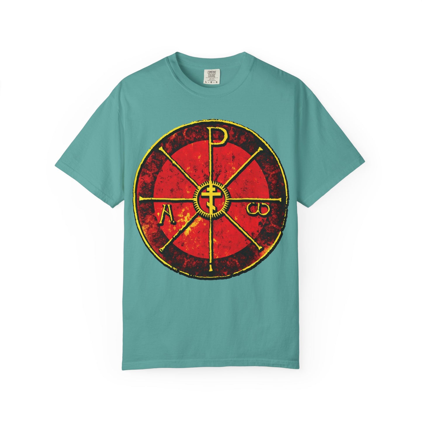 Seafoam t-shirt featuring a bold red and yellow circular Alpha & Omega Chi Rho cross, inspired by the Cathedral of Milan’s ancient Christogram: "In This Sign Ye Shall Conquer." Heavyweight cotton Christian apparel.