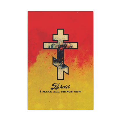 Behold, I Make All Things New (Revelation 21:5) | Cosmic Orthodox Cross on Red and Yellow Background | Orthodox Christian Canvas Art