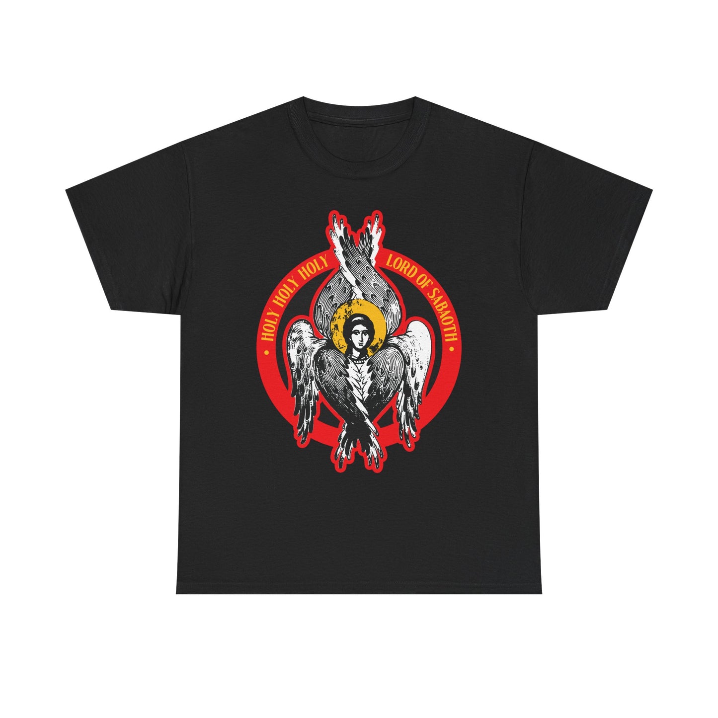 Black "Holy Holy Holy, Lord of Sabaoth" heavy cotton T-shirt featuring a seraphim angel graphic inspired by Isaiah 6 and Christian iconography.