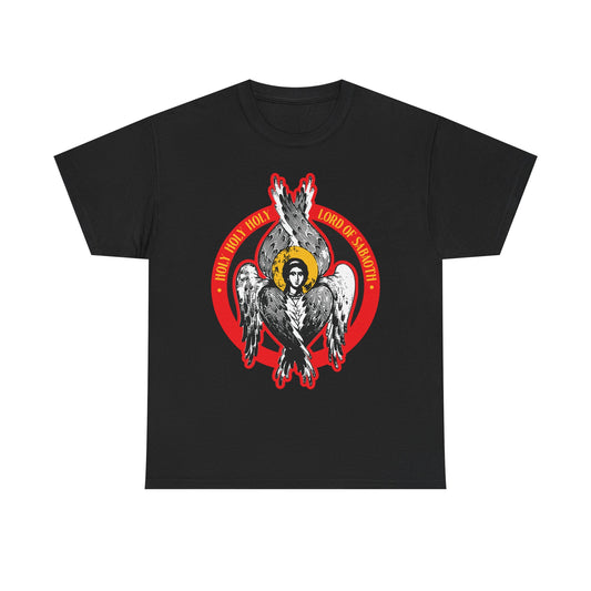 Black "Holy Holy Holy, Lord of Sabaoth" heavy cotton T-shirt featuring a seraphim angel graphic inspired by Isaiah 6 and Christian iconography.