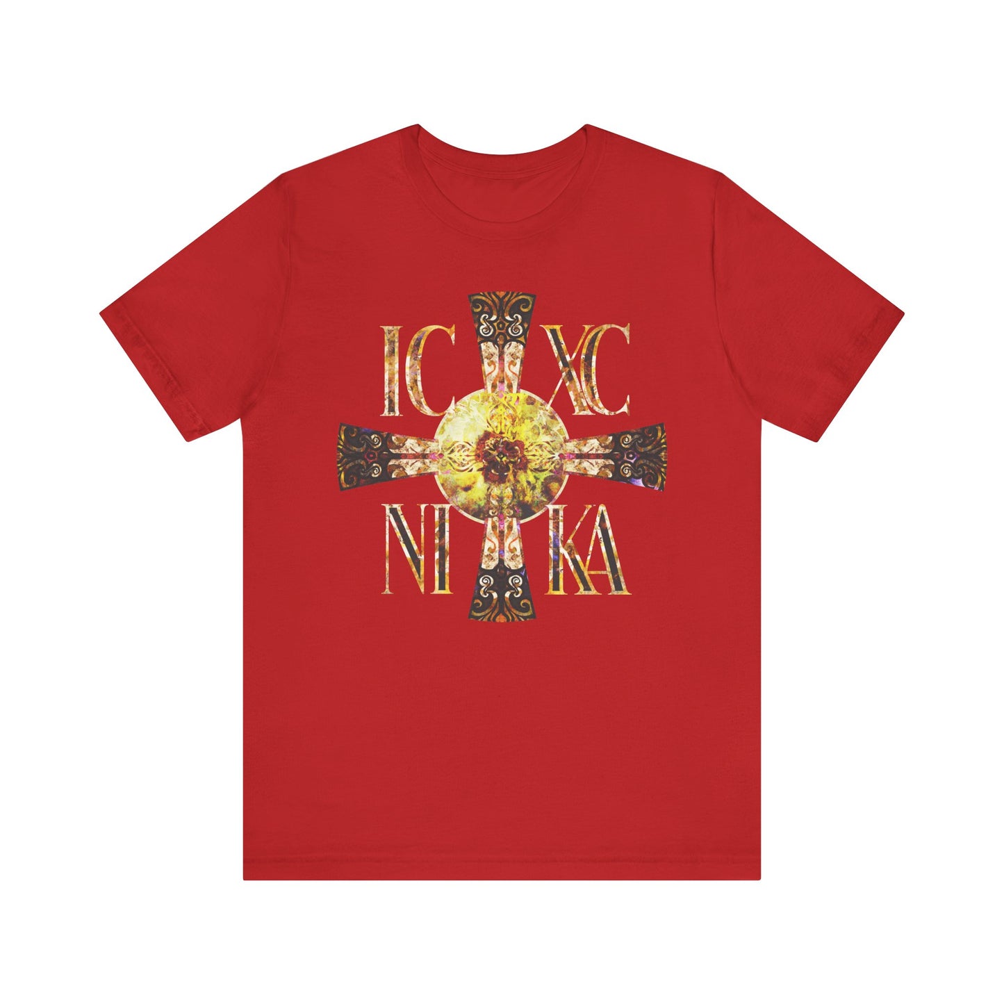 Red ICXC NIKA Celtic Style Equal Armed Cross Tee—features a bright solar texture and Orthodox Greek letters, printed on lightweight unisex cotton for a radiant symbol of faith.