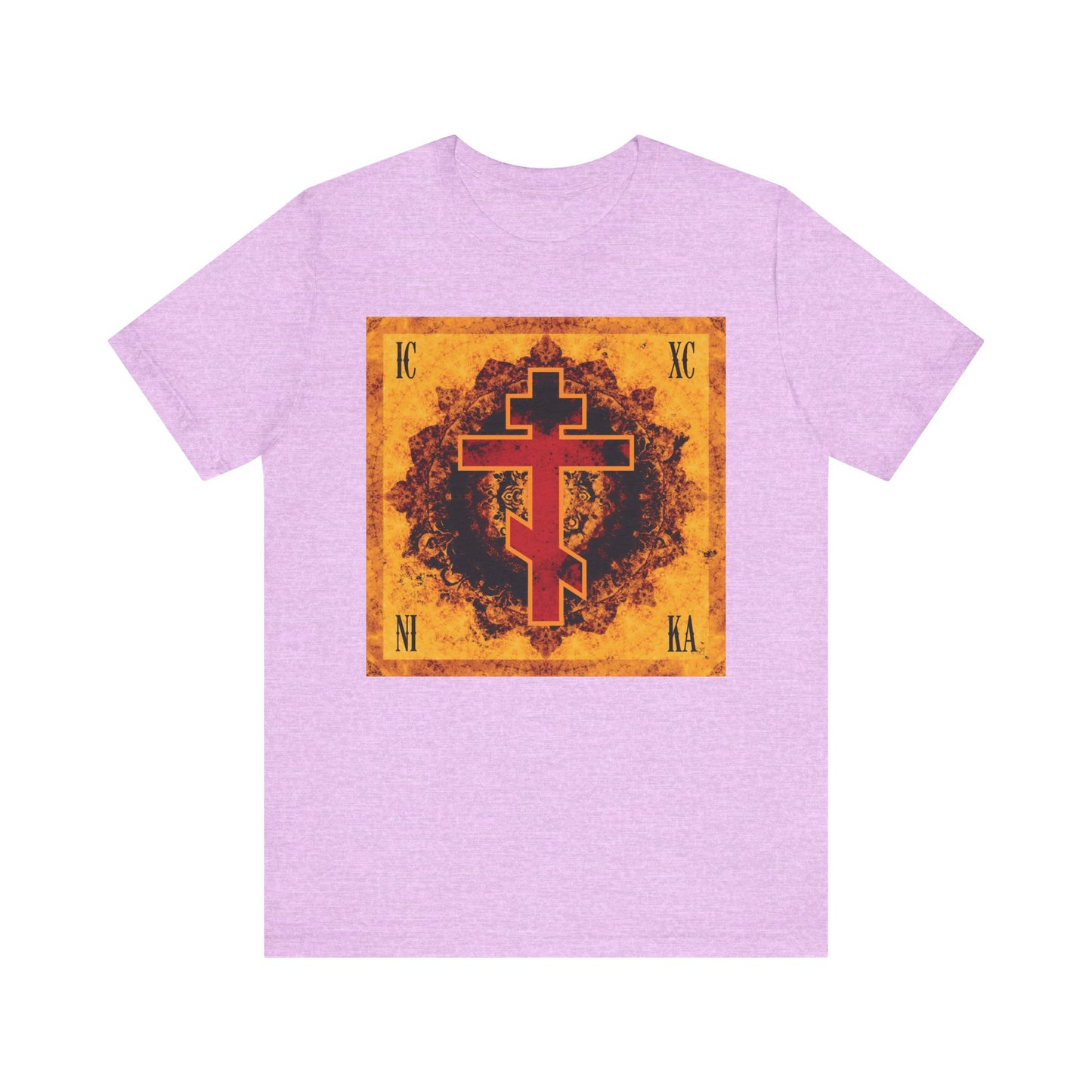 Heather prism lilac T-shirt featuring a bright orange and red ornate ICXC NIKA cross design inspired by Orthodox Christian tradition, accented with light and dark details, in lightweight cotton unisex style.