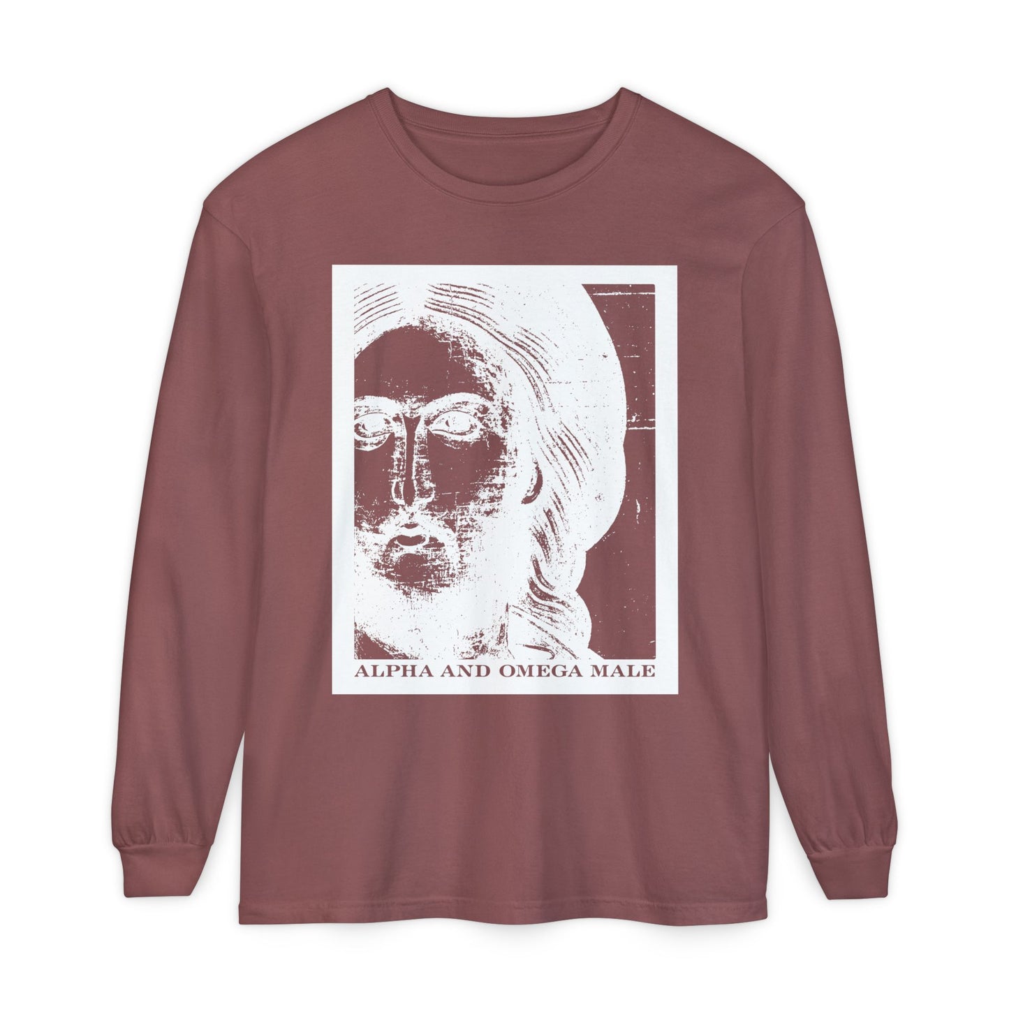Brick long-sleeve cotton shirt with white abstract face graphic and "Alpha & Omega Male" text, inspired by Rev 22: "I am the Beginning & the End," from the Alpha & Omega Male Jesus Christ Icono-Graphic Photonegative collection.