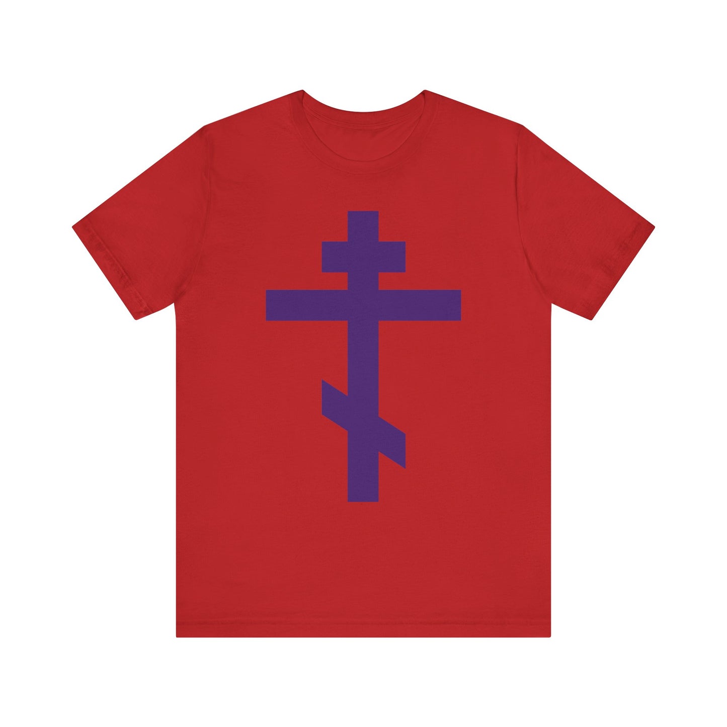 Red "Purple Orthodox Tribar Cross | Preserve Thy People By Thy Cross, O Lord | Christ is King" Christian lightweight cotton unisex tee featuring a large, bold purple Orthodox tribar cross centered on the front—symbolizing the Saviour’s love and inspired by the enduring faith of St. John of Kronstadt.