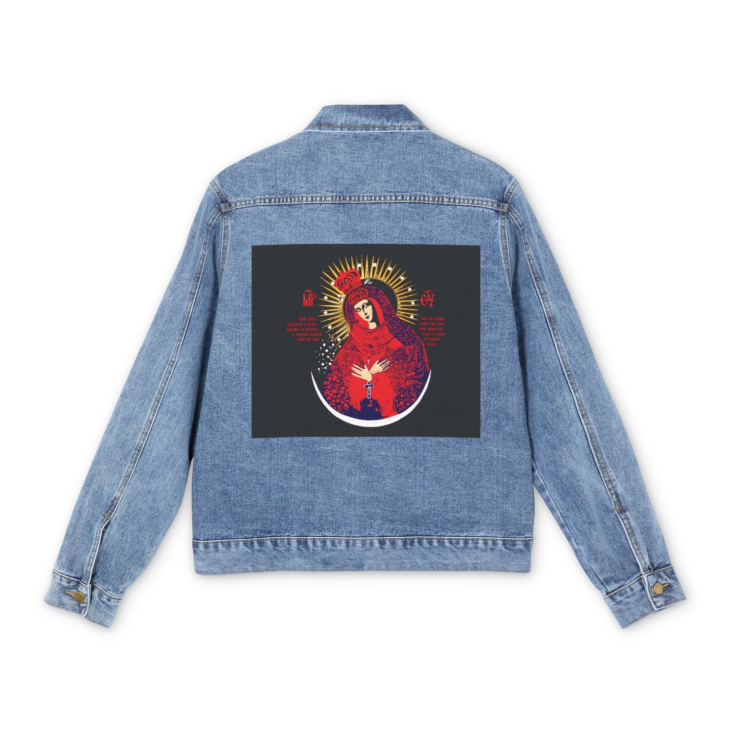 Medium denim wash Christian jean jacket featuring a vivid red, blue, and gold Our Lady the Gate of Dawn icon graphic on the back, inspired by Theotokos Crowned and Woman of the Apocalypse designs.