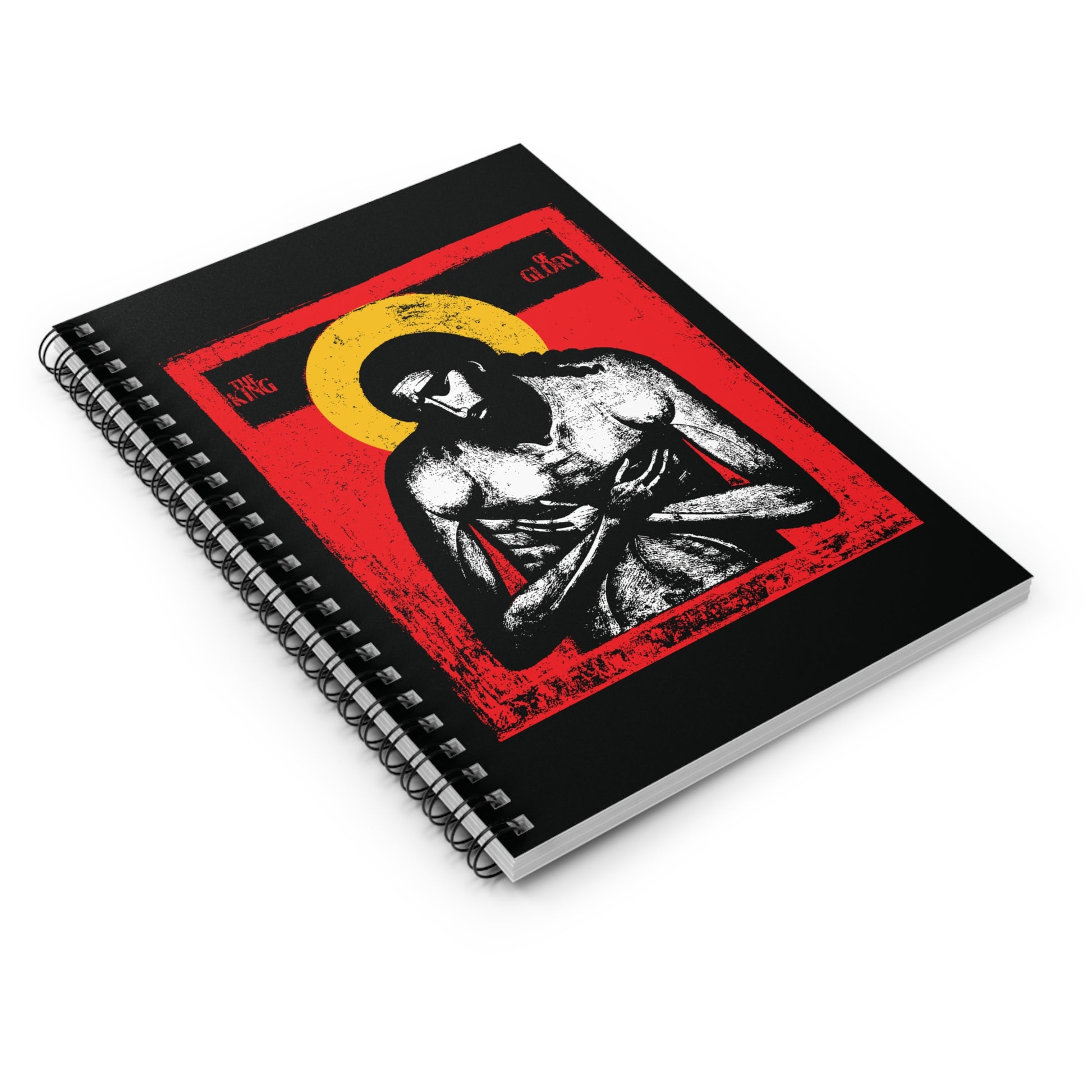 The King of Glory Jesus Christ "Extreme Humility" IconoGraphic Orthodox Spiral Notebook features a stylized cover in red, yellow, white, and black, inspired by Philippians 2:7-11. Ideal for Christian devotional use.