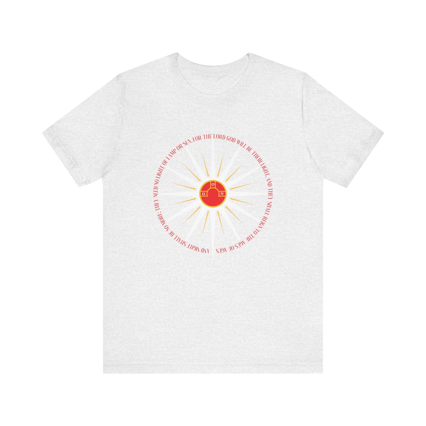 Ash lightweight cotton t-shirt featuring gold and red blazing sun rays, circular Orthodox text from Rev. 22:5 about Christ’s Second Coming, and a small church—ideal for sons of God longing for their heavenly homeland.
