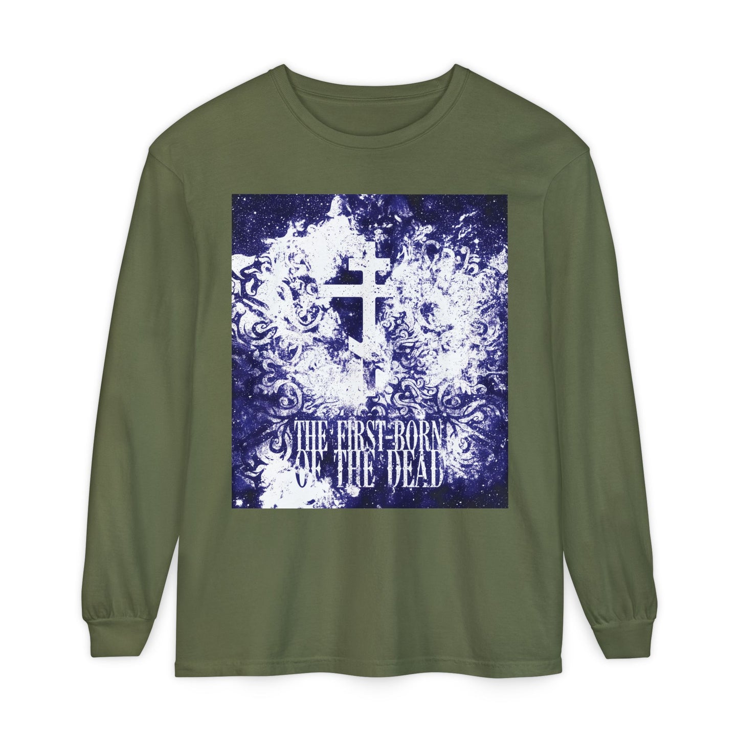 Hemp long-sleeve cotton shirt featuring a glowing white and blue textured cosmic Orthodox cross with "The First-Born of the Dead" text, inspired by Resurrection & Apocalypse.