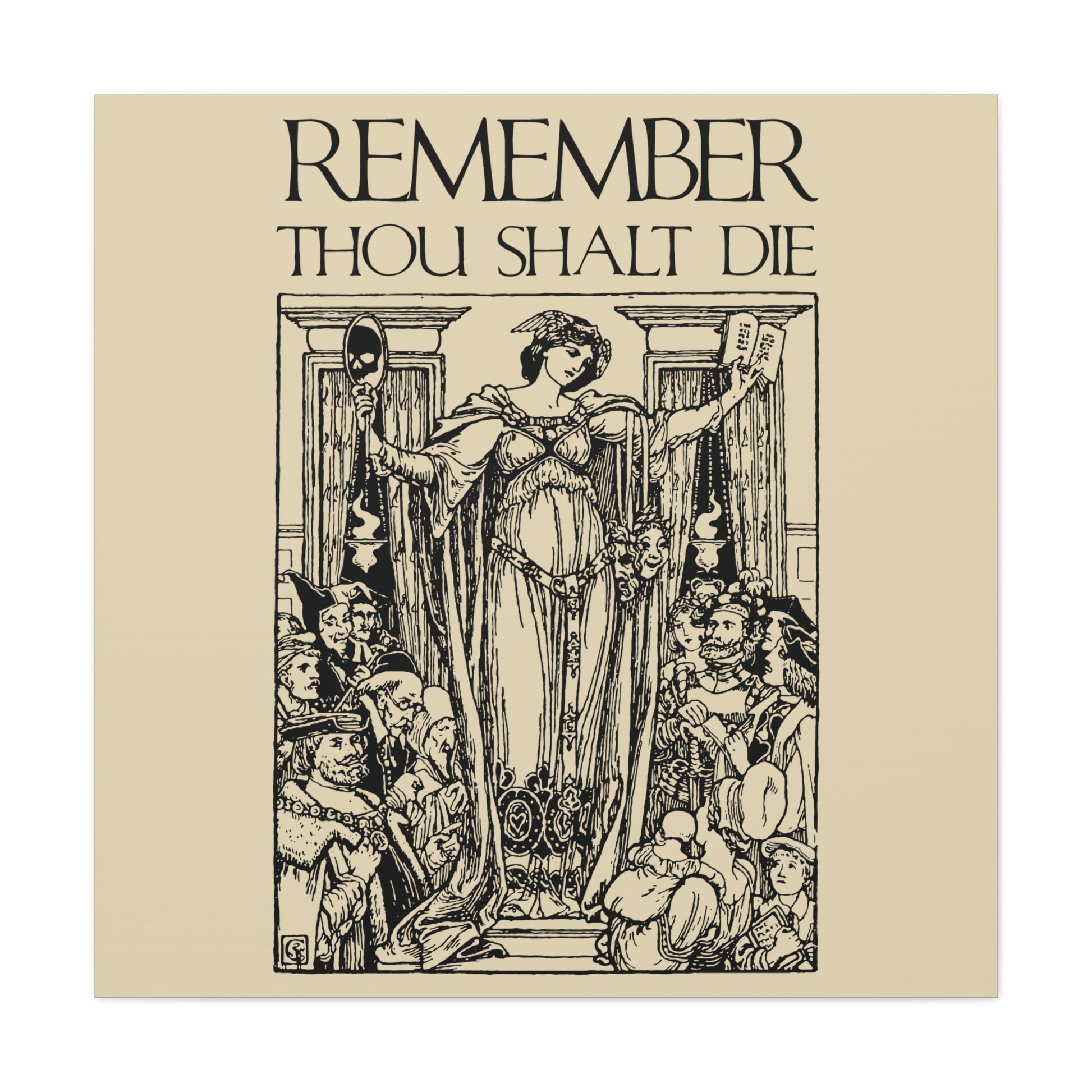 Remember You Will Die Shakespearean Design: a classic woodcut memento mori featuring Christian themes, inspired by reflection and comfort. Vintage wall art with Art Nouveau aesthetic.