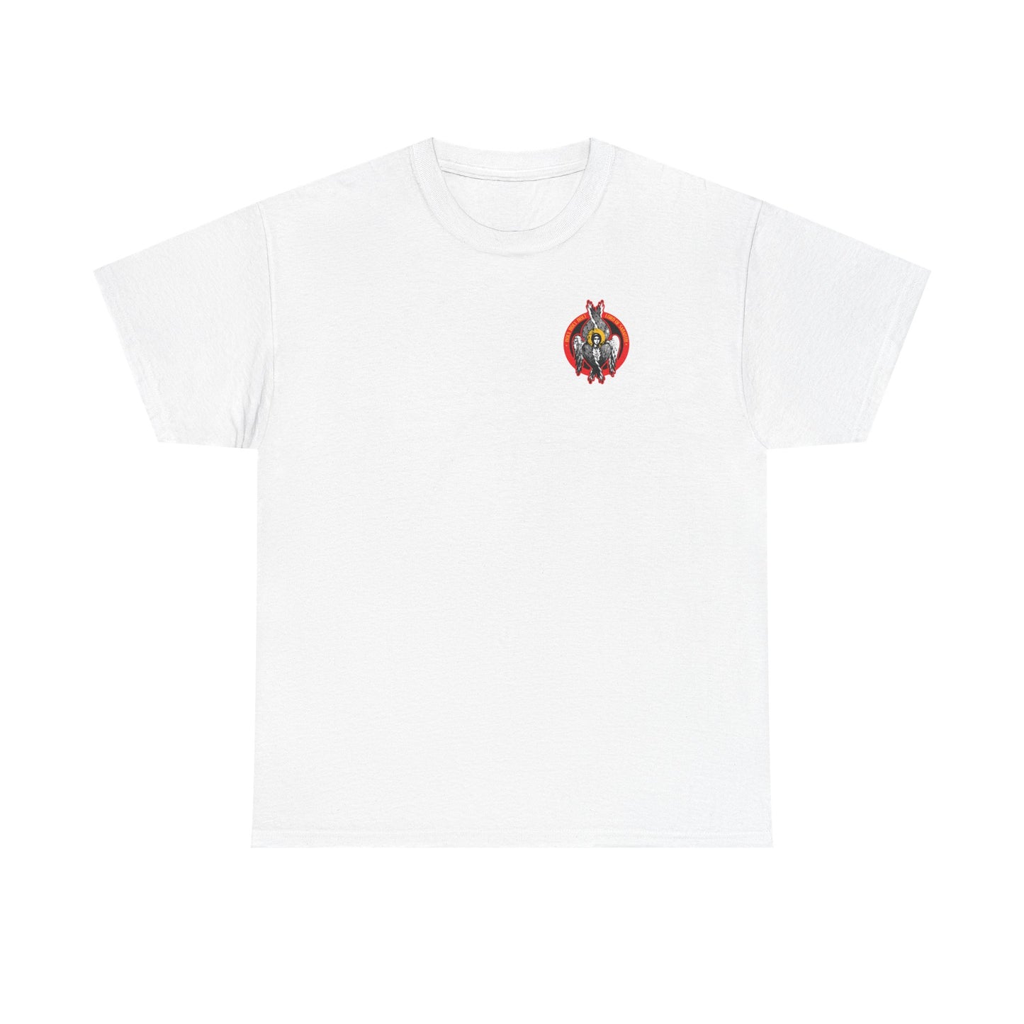 White Holy Holy Holy Seraphim Angel Icono-Graphic T-shirt with a small heavenly character graphic on the left chest, made from midweight cotton. Unisex fit.
