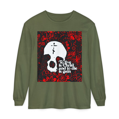 To Live is Christ To Die is Gain (Phil 1:21) | Skull with Cross on Red Floral Texture | Orthodox Christian Long Sleeve Shirt