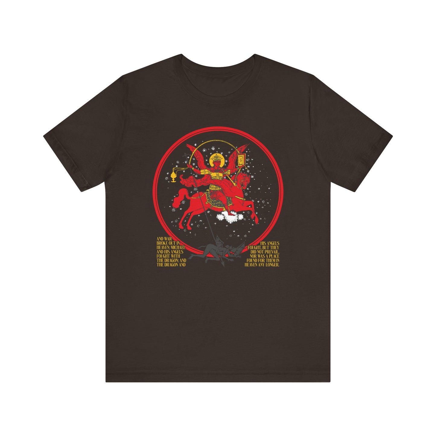 Brown t-shirt featuring Archangel Michael of the Apocalypse as a red-armored warrior on horseback, inspired by Revelation 12:7-9; icon inside a red circle with yellow text below. Double-sided, lightweight cotton unisex design.