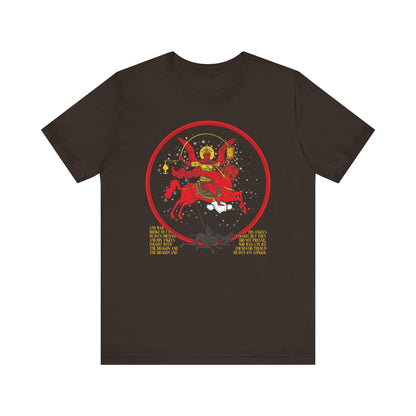 Brown t-shirt featuring Archangel Michael of the Apocalypse as a red-armored warrior on horseback, inspired by Revelation 12:7-9; icon inside a red circle with yellow text below. Double-sided, lightweight cotton unisex design.