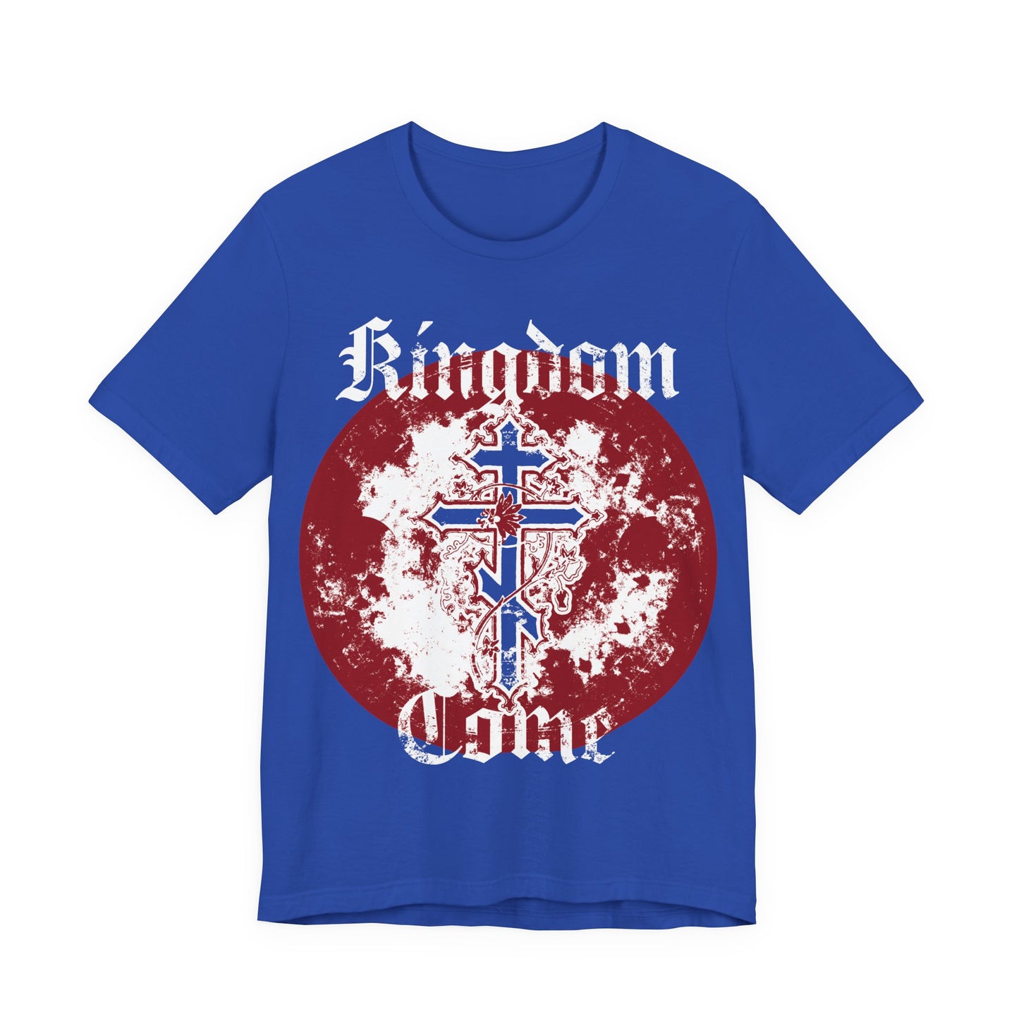 True Royal unisex cotton T-shirt featuring “Thy Kingdom come” text from the Lord’s Prayer, a red circle, and an Orthodox cross with vine design at the center.