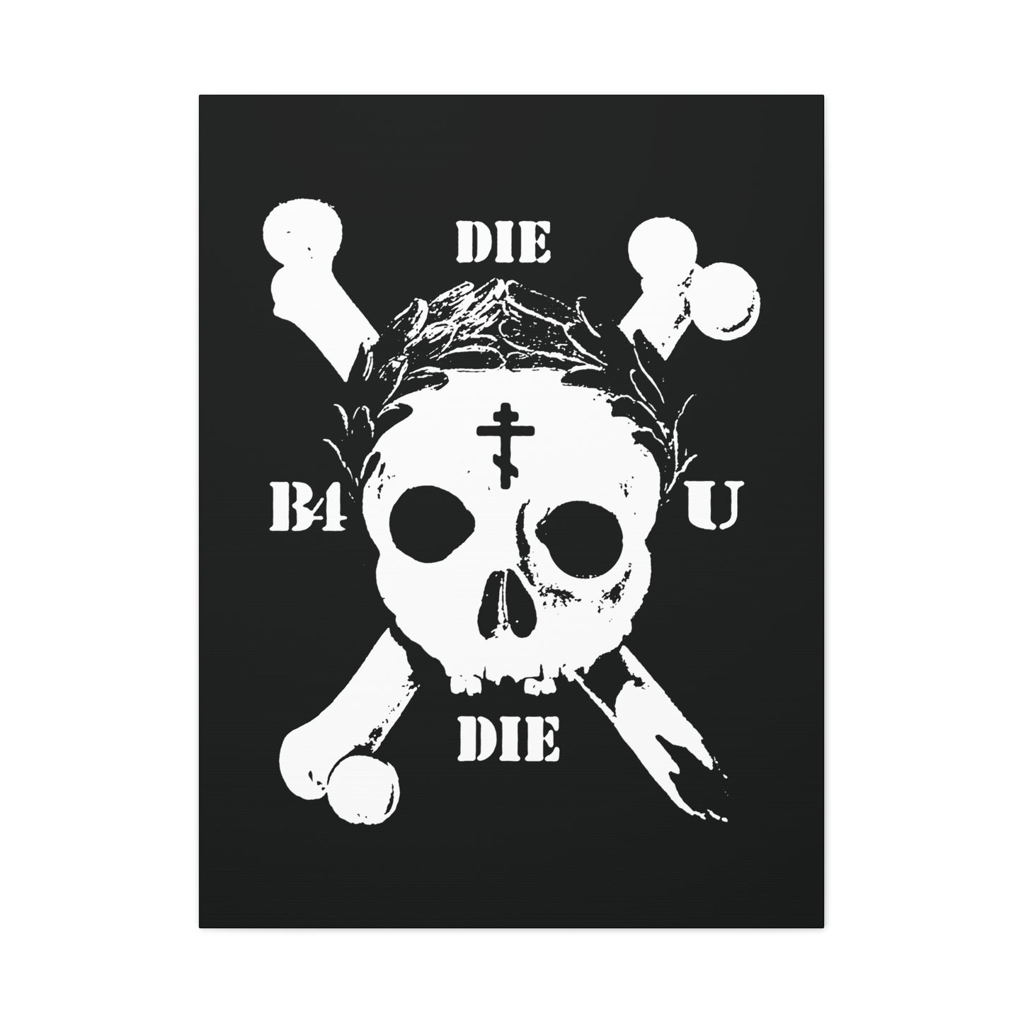 Die Before You Die | Retro Skull & Crossbones | Orthodox Cross & Laurel Wreath—ascetic Christian wall art inspired by Matthew 16:24-25 and the call to deny oneself; a memento mori reminder of victory in Christ.