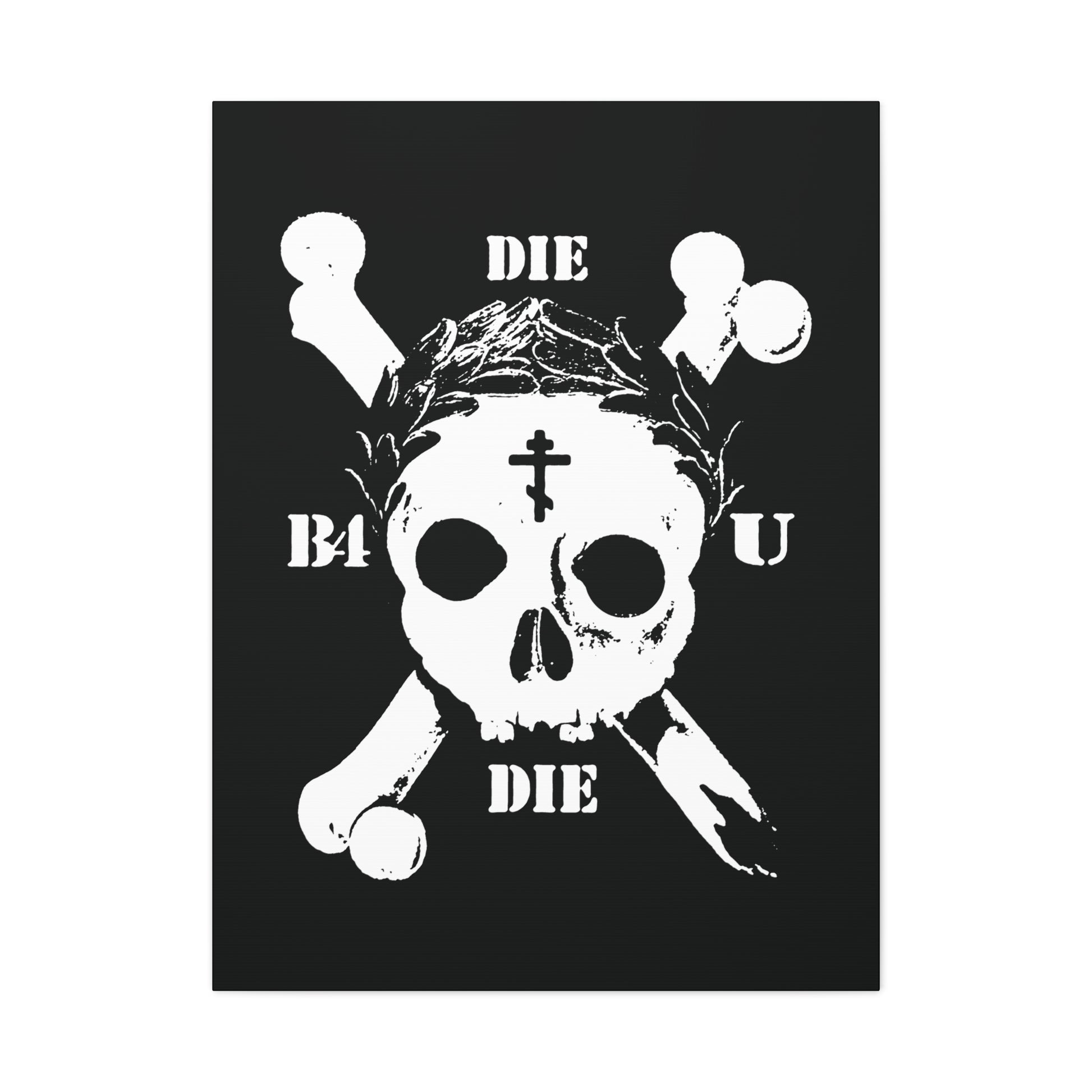 Die Before You Die | Retro Skull & Crossbones | Orthodox Cross & Laurel Wreath—ascetic Christian wall art inspired by Matthew 16:24-25 and the call to deny oneself; a memento mori reminder of victory in Christ.