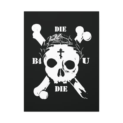 Die Before You Die | Retro Skull & Crossbones | Orthodox Cross & Laurel Wreath—ascetic Christian wall art inspired by Matthew 16:24-25 and the call to deny oneself; a memento mori reminder of victory in Christ.