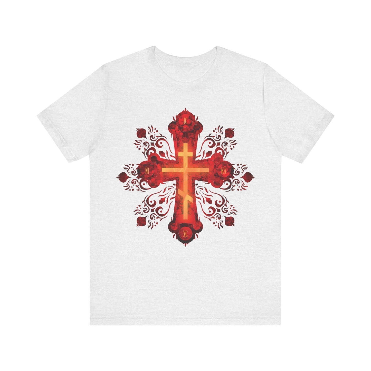 Ash unisex cotton tee featuring a red and gold ornate Russian-style Orthodox cross design, inspired by "He was pierced for our transgressions"—a tribute to Christian faith and longing for the heavenly homeland.