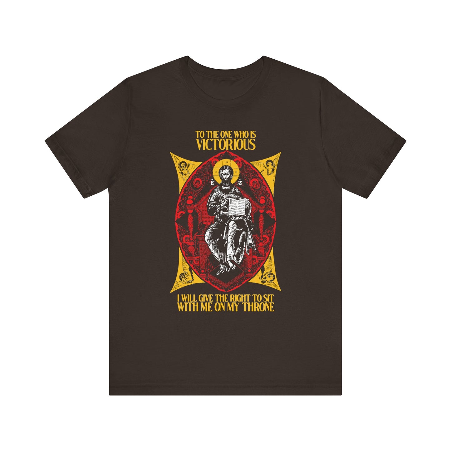 Brown "Christ is King, Enthroned In Glory IconoGraphic" tee features a seated figure, religious motifs, and words inspired by Rev 3:21—celebrating victory and reigning with Christ. Orthodox Christian, lightweight cotton unisex shirt.