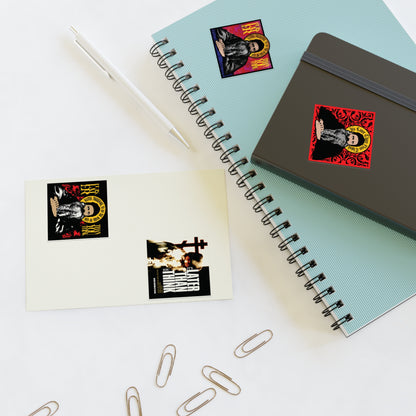 Two notebooks, postcards, and a pen decorated with Fr Seraphim Rose Four Sticker Sheet No. 1 on a desk.