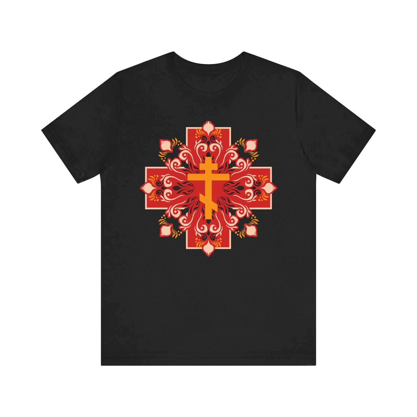 Black cotton unisex tee featuring an orange and red Orthodox cross with a festive design, inspired by 1 Peter 2:24: "By His Wounds You Have Been Healed.