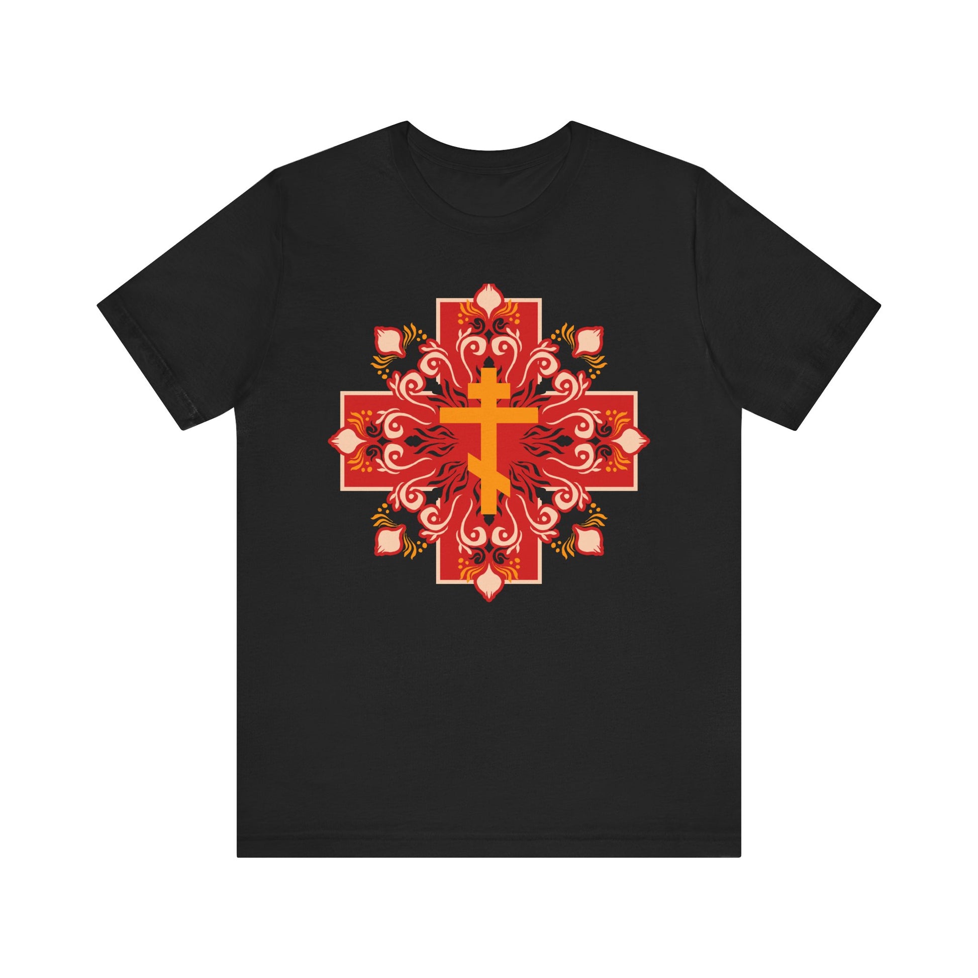 Black cotton unisex tee featuring an orange and red Orthodox cross with a festive design, inspired by 1 Peter 2:24: "By His Wounds You Have Been Healed.