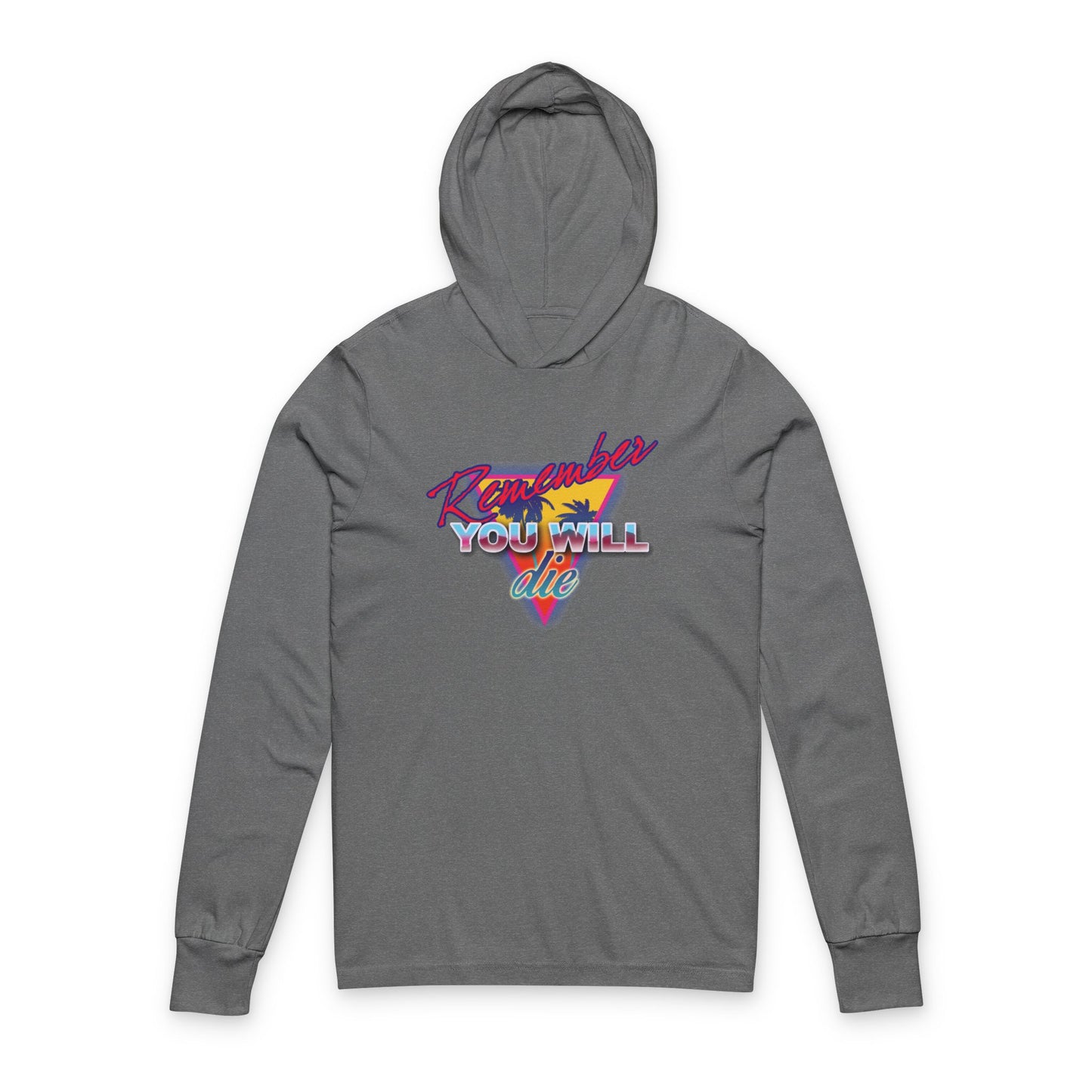 Grey TriBlend hoodie featuring colorful "Remember You Will Die" text in bold 80s retro synthwave style with a palm tree, inspired by Memento Mori and Orthodox nostalgia.
