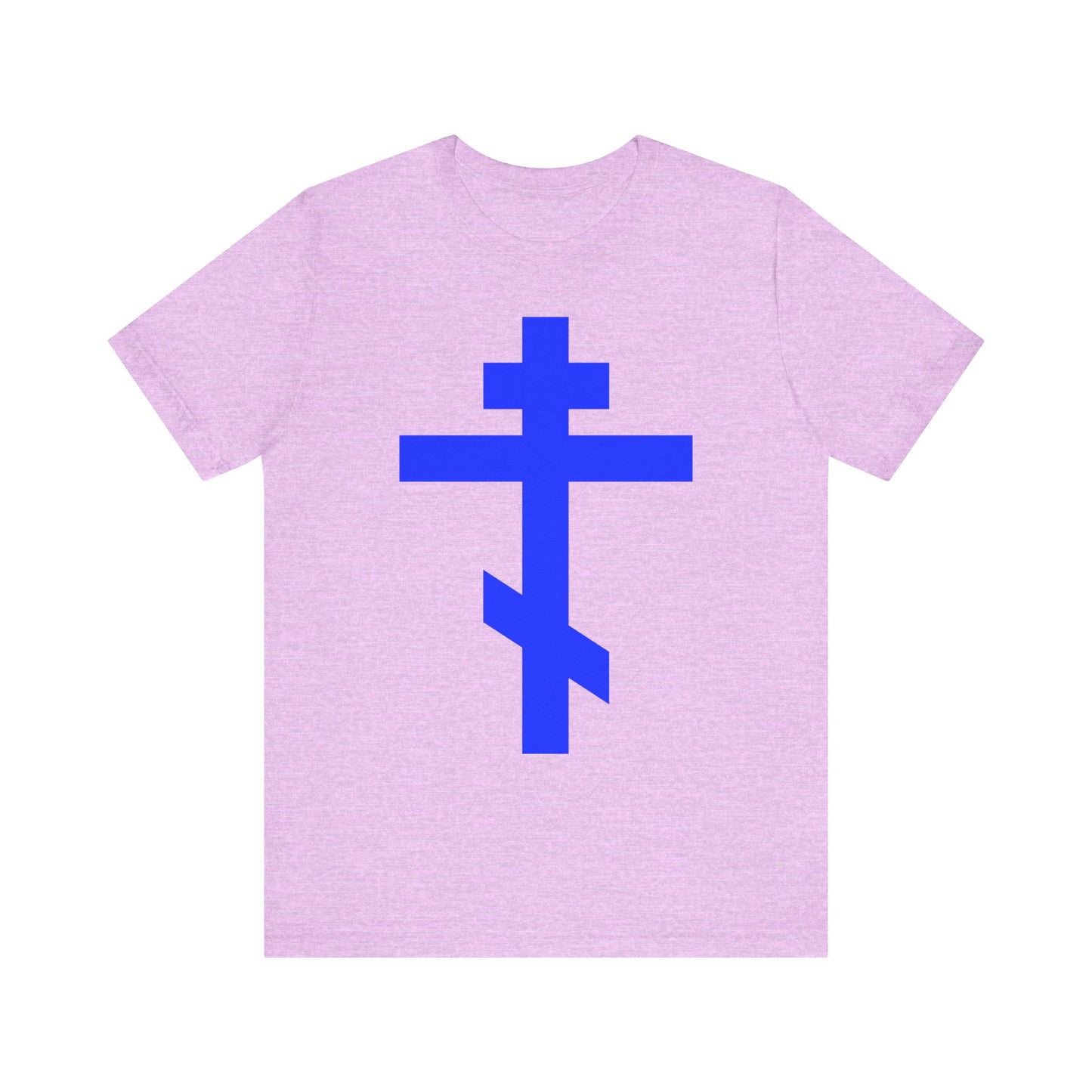 Heather Prism Lilac t-shirt featuring a large royal blue Orthodox Tribar Cross design on the front, symbolizing the Lord’s gift of salvation, with the inscription "Preserve Thy People By Thy Cross, O Lord" and "Christ is King." Lightweight cotton unisex tee.