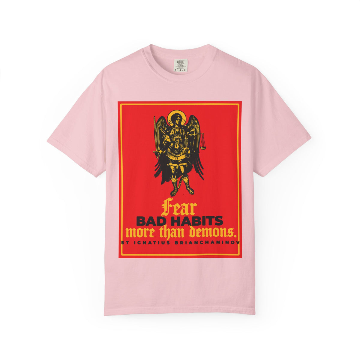 Embrace the message of spiritual vigilance with the Fear Bad Habits More Than Demons heavyweight cotton tee in Blossom—a unisex shirt featuring St Ignatius Brianchaninov’s wisdom and an Archangel Michael icono-graphic, boldly emblazoned with the warning “Fear BAD HABITS more than demons” in striking yellow and black text.