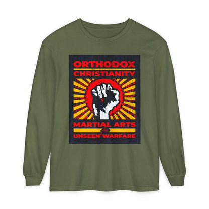 Orthodox Christianity: Martial Arts for Unseen Warfare | NIKA Jesus Fist on Colorful Sunburst Design | Orthodox Christian Long Sleeve Shirt