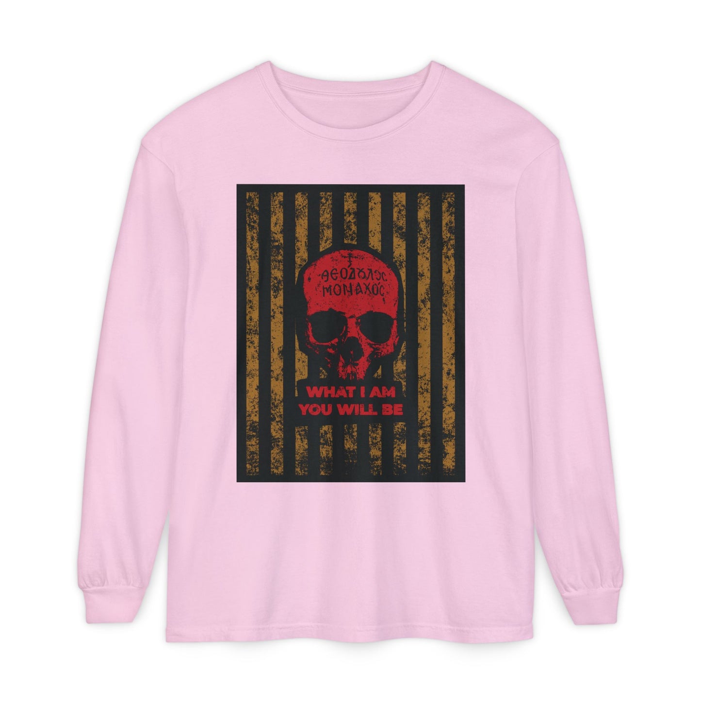 Blossom long-sleeve cotton shirt featuring a red skull and the phrase "What I Am You Will Be," inspired by Memento Mori, Remembrance of Death, and Mt Athos Monk Skull, symbolizing ascetic ethos.