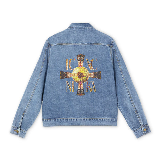 ICXC NIKA Celtic Style Equal Armed Cross | Bright Solar Texture | Orthodox Christian Blue Denim Jacket