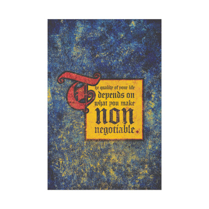 On a textured blue and yellow background, the poster "The Quality of Your Life Depends on What You Make Non-Negotiable | Uncompromising Christianity" features a motivational message in Orthodox Christian art style.