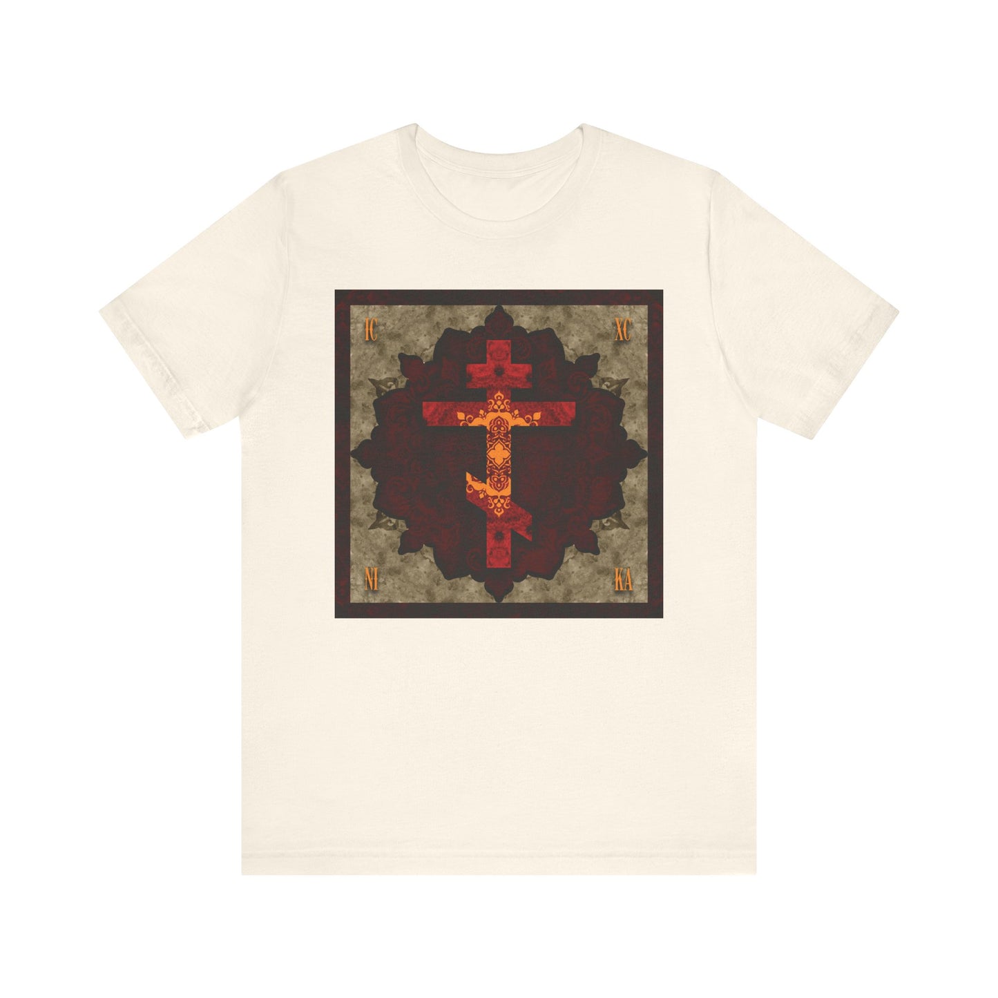 Natural-colored unisex t-shirt featuring an artistic, textured red and gold Russian cross inspired by Orthodox Christian values, centered within a dark decorative square. Product: ICXC NIKA Artistic Textured Red & Gold Russian Cross | Orthodox Christian Lightweight Cotton Unisex T-Shirt.