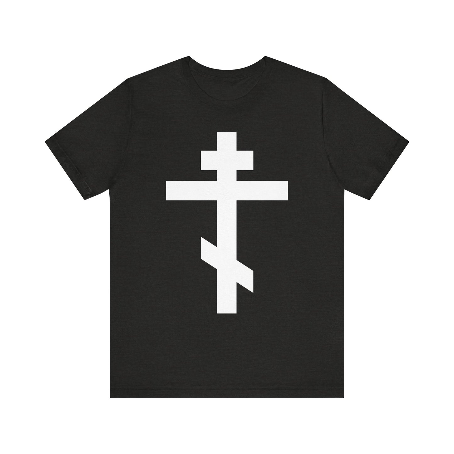 Black Heather unisex lightweight cotton tee featuring a large white Orthodox Cross on the front, inscribed with "By the power of Thy Cross do Thou preserve Thy people," inspired by St. John of Kronstadt and symbolizing the path to salvation.