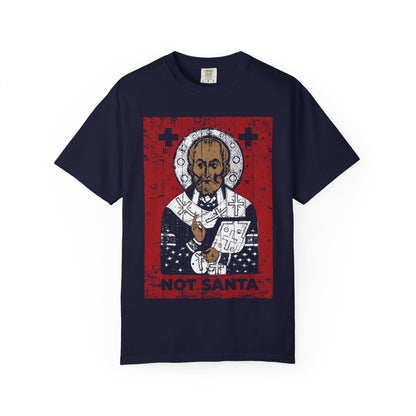 True Navy St Nicholas of Myra | Definitely Not Santa | Striker of Arius, Defender of Orthodoxy | Red & White Cotton Tee.